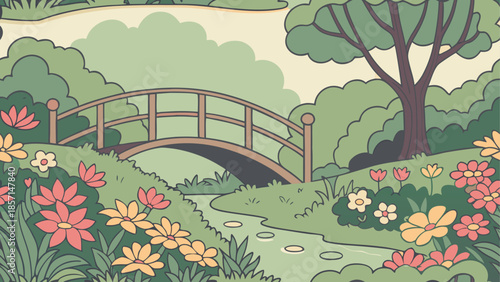 Serene garden bridge over flowing stream