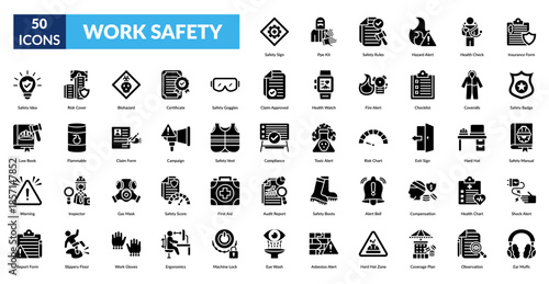 Work Safety Glyph Icon Set. Safety Sign, Ppe Kit, Safety Rules, Hazard Alert, Health Check, Insurance Form, Safety Badge