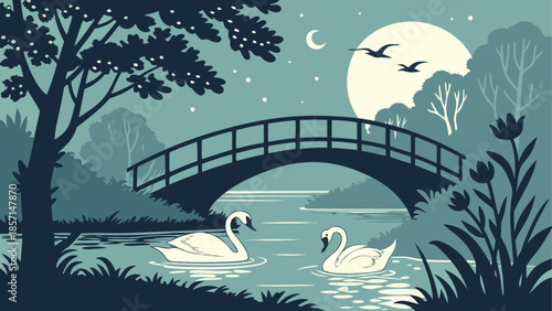 Serene nighttime swans under moonlit bridge