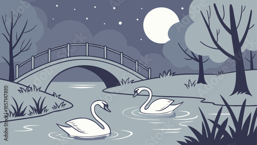 Serene nighttime pond with swans and bridge