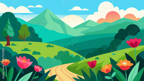 Vibrant mountain trail at sunset