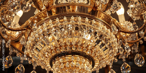 Luxurious crystal chandelier with intricate gold details and sparkling lights creating an elegant opulent atmosphere