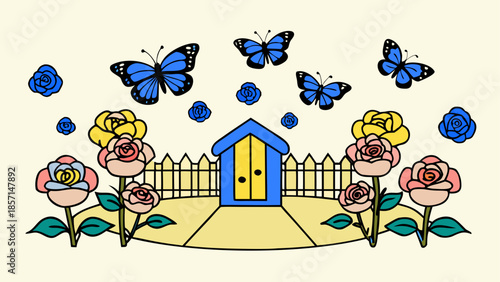 Whimsical garden with butterflies