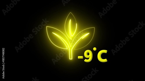 Protection of the environment Weather forecast related.Glowing neon digital temperature display showing minus 9°C onblack background, futuristic LED-style number,Researches minus 9degrees centigrade