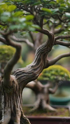 A close-up macro video showcasing the intricate trunks, branches, and foliage of curated bon