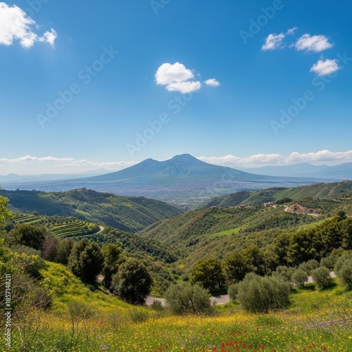 Picturesque landscape with Vesuvius in the background from verdant hillsides and meadows