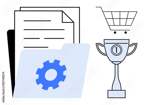 Business process. Visual depiction of file management with documents and folders, e-commerce with shopping cart, and achievement ed by trophy. For workflow, productivity, organization, analytics
