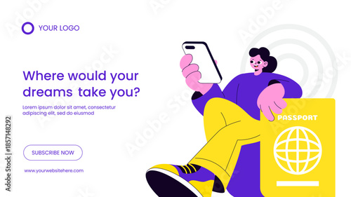 Flat Cartoon Hand Drawn Online Ticket Travel Template for Creative Thumbnail Design