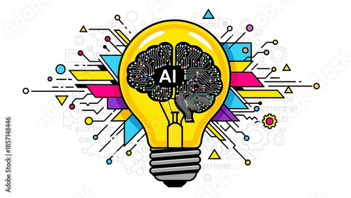 Bright yellow lightbulb illustrates artificial intelligence concept featuring a circuit board brain inside surrounded by colorful abstract digital technology elements and symbols.