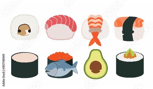 Cute sushi rolls cartoon characters traditional Asian food flat vector set