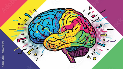 Vibrant illustration depicting the colorful interconnected pathways of the human brain symbolizing complex thought processes and innovative ideation in abstract digital art style