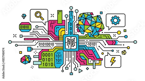 Abstract colorful illustration depicting artificial intelligence concepts with a central processing unit connected to a geometric brain and binary code data streams