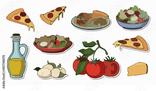 Traditional Italian cuisine retro cartoon food stickers flat vector set