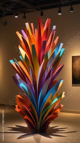 A beautifully lit art exhibition scene featuring a multi-layered colorful tree-like sculptur