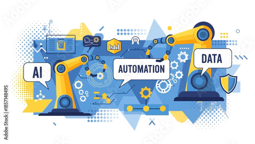 Robotic arms illustrate the integration of artificial intelligence and data processing within a modern digital automation system concept