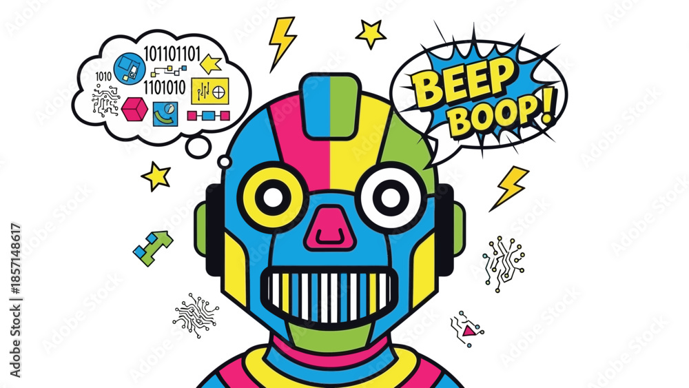 Fototapeta premium Vibrant colorful cartoon robot head featuring comic book style speech bubbles representing thinking and communication in artificial intelligence concepts