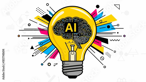 Bright yellow lightbulb symbolizes an innovative artificial intelligence concept featuring a glowing circuit board brain and abstract geometric elements bursting outward