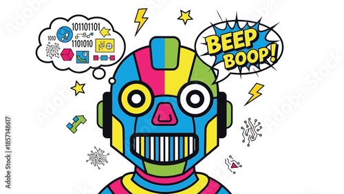 Vibrant colorful cartoon robot head featuring comic book style speech bubbles representing thinking and communication in artificial intelligence concepts