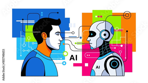 Stylized illustration depicting a human face profile looking directly at an advanced artificial intelligence robot profile symbolizing digital communication and future technology.