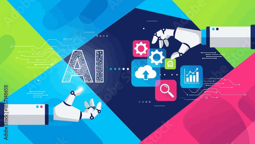 Robotic arms interact with digital icons representing artificial intelligence functions like data analysis cloud computing and technical settings within a vibrant abstract setting