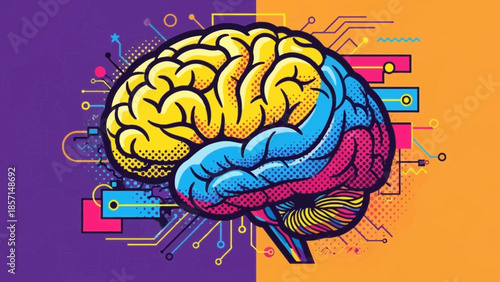 Abstract graphic depiction of the human brain illustrated with vibrant pop art colors and technological circuit elements representing cognition and artificial intelligence concepts