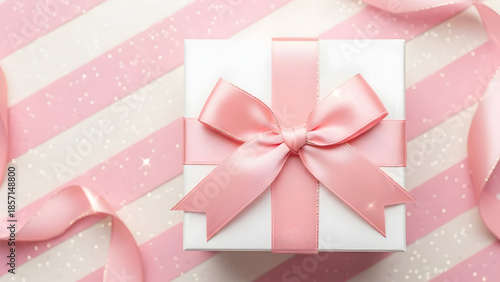 Wallpaper Mural Elegant white gift box wrapped with a pink satin ribbon and bow with festive background of pink Torontodigital.ca