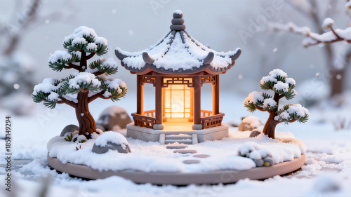 Miniature art illustration of a Chinese garden in snow