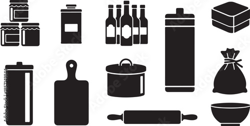 Kitchen utensils and food storage icons