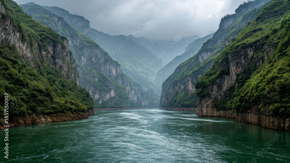 Fototapeta premium Majestic green mountains rise steeply from a flowing emerald river under a cloudy sky