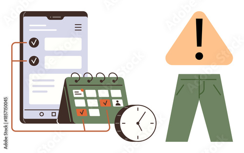 Smartphone, calendar, clock, alert triangle, and green pants symbolizing time tracking, task planning, deadlines, scheduling, clothing reminders organization and effective time use in a simple flat