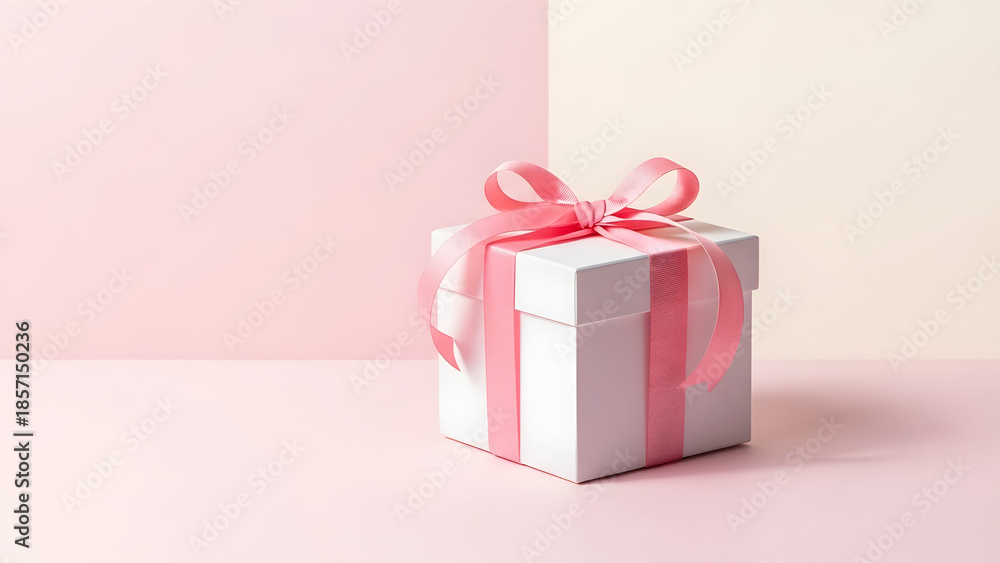 Fototapeta premium Elegant white gift box adorned with a soft pink ribbon and bow on a pastel pink background