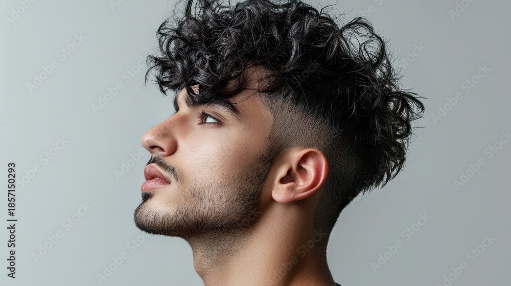 Fototapeta premium A young man with curly hair, wearing a black shirt, looking away from the camera with a thoughtful expression.