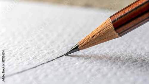 Closeup of a sharp wooden pencil drawing a straight black line on textured white paper surface