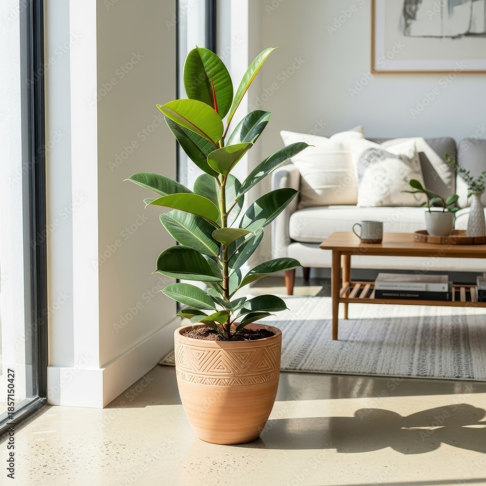 Fototapeta premium Interior botanical focal point rubber tree plant bringing nature inside creating a serene living