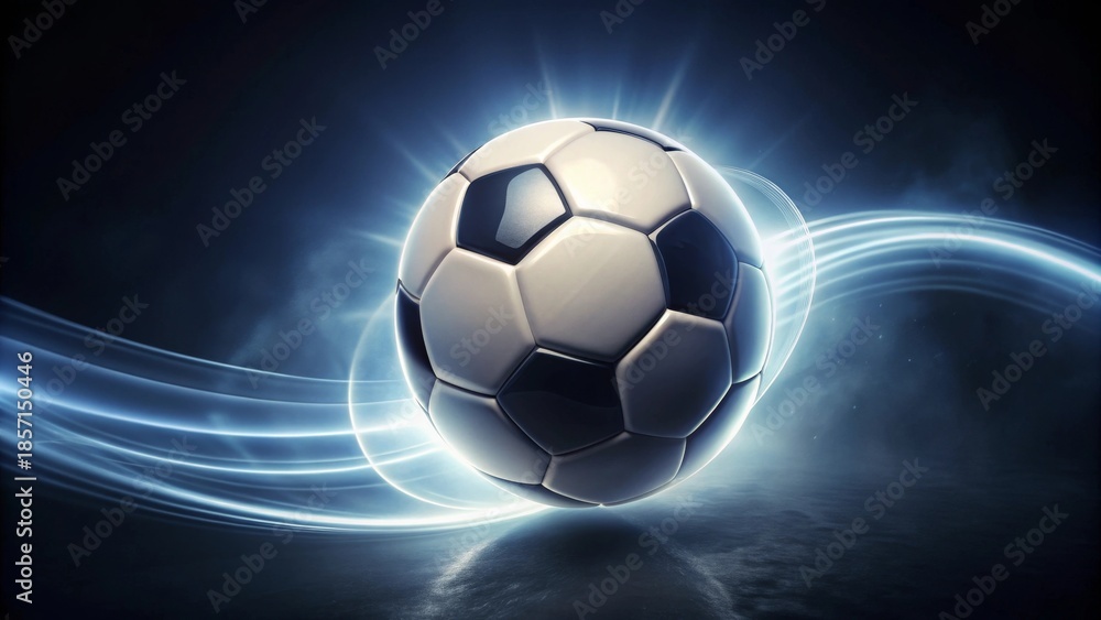 Naklejka premium A radiant soccer ball in dynamic motion, encircled by glowing streaks of light, signifies the thrill of the game