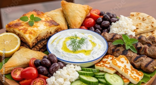 Mouthwatering assortment of classic greek dishes showcasing diverse flavors and textures of greek