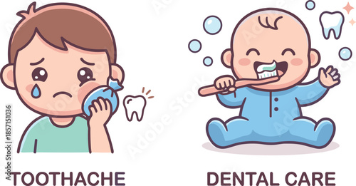 Cartoon dental health illustration, toothache vs dental care, sad child, happy baby, toothbrush, oral hygiene, educational design