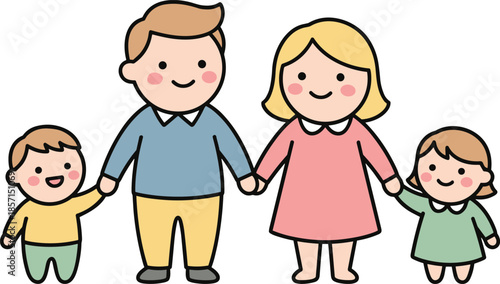 Cartoon family holding hands, cheerful parents and children, unity and love, pastel colors, smiling characters, togetherness illustration