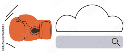 Boxing glove striking cloud paired with search bar, representing competition, online challenges, cybersecurity, disruption, innovation, technology struggles, and digital conflict. Ideal for simple