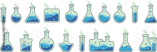 Cartoon laboratory glassware vector set, chemistry icons, blue liquid reactions, green vapor, scientific experiment, educational science design