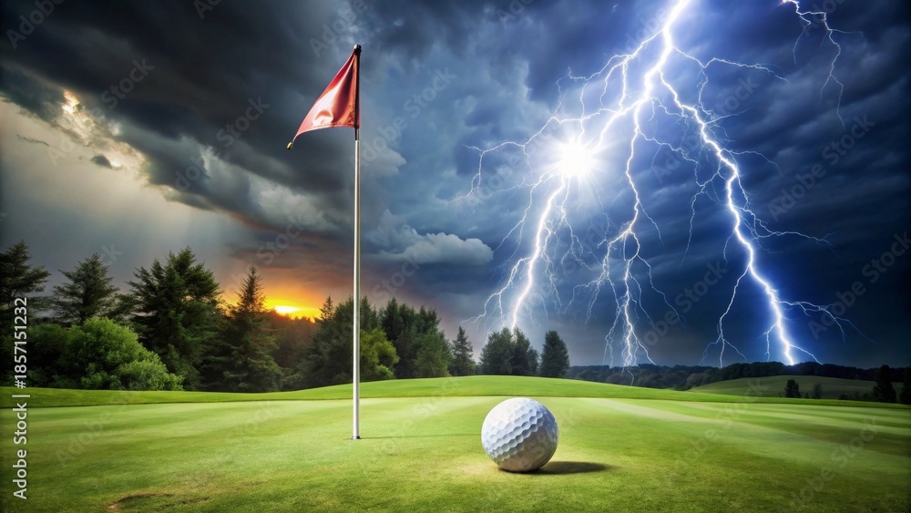 Obraz premium A golf ball rests on the green, a dramatic sunset and lightning storm creating a breathtaking backdrop