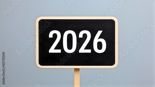Chalkboard sign displaying the year 2026 in white numbers, symbolizing future planning, upcoming events, and new beginnings against a simple grey background