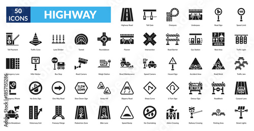 Highway Glyph Icon Set. Highway Road, Toll Gate, Overpass, Underpass, Road Sign, Speed Limit, Traffic Light