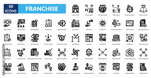 Franchise Glyph Icon Set.  Store, Business Branch,  Network, Multi Location, Business Expansion, Master ,  Agreement