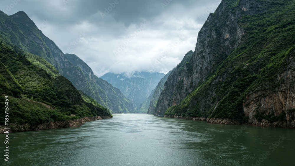 Fototapeta premium Deep river flowing between steep green mist shrouded mountains under a cloudy sky