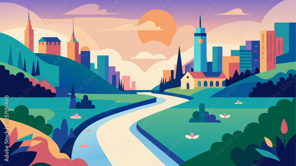 Fototapeta premium Vibrant cityscape at sunset