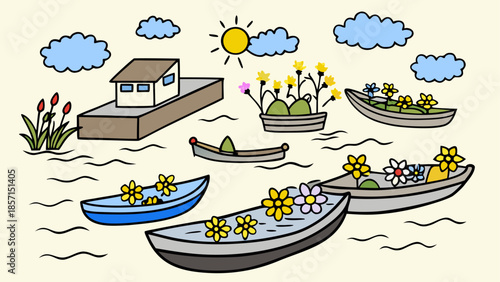 Floating market with houseboat and boats filled with flowers