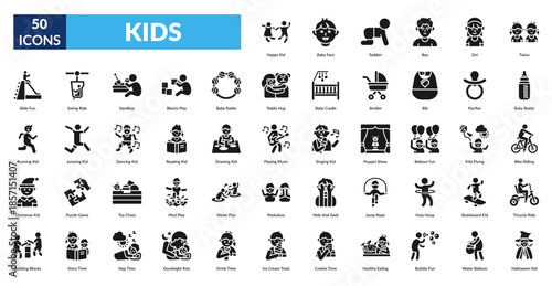 Kids Glyph Icon Set. Happy Kid, Baby Face, Toddler, Boy, Girl, Twins, Baby Bottle