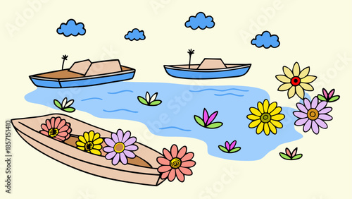 Serene pond with boats and flowers
