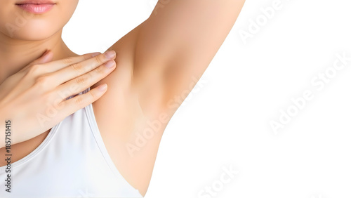 Close-up of a woman's smooth and pristine underarm area, highlighting personal care and hygiene. Her hand gently touches her shoulder, symbolizing freshness, beauty, and confidence in her healthy skin
